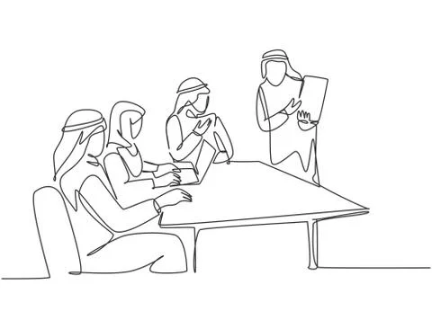 One continuous line drawing of young muslim businessmen offered new business Stock Illustration
