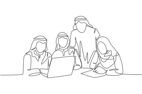 One continuous line drawing of young muslim startup team members discussing Illustrazione stock
