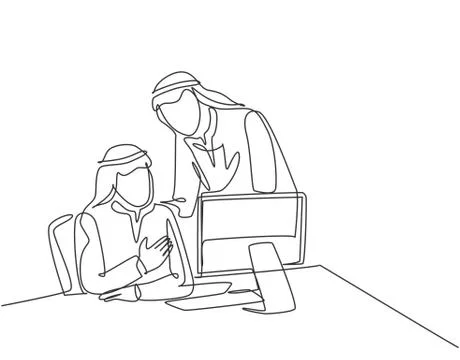 One continuous line drawing of young muslim startup team member discussing 스톡 일러스트