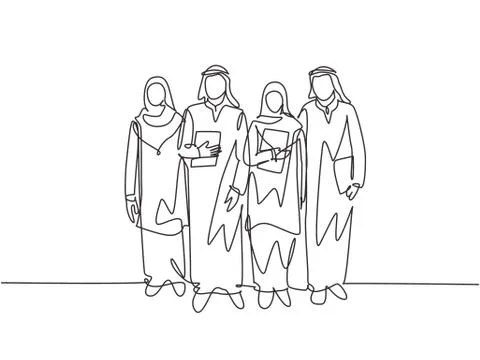 One continuous line drawing of young happy muslim workers walking together Stock Illustration