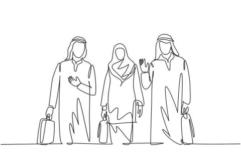 One continuous line drawing of young male and female muslim managers Illustrazione stock