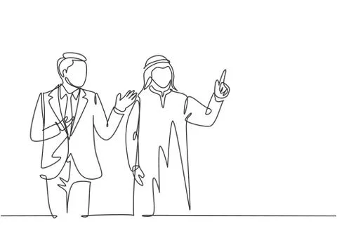 One continuous line drawing of young male muslim businessman meeting Illustrazione stock