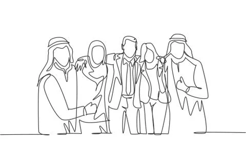One continuous line drawing of young male and female muslim businesspeople イラスト素材
