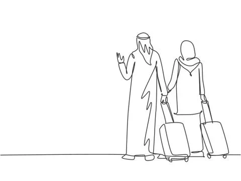 One continuous line drawing of young male and female muslim couple Stock Illustration