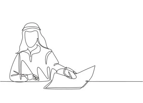 One continuous line drawing young male muslim businessman giving job contract Stock Illustration