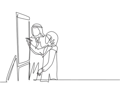 One continuous line drawing of young male and female muslim worker preparing Stock-Illustration