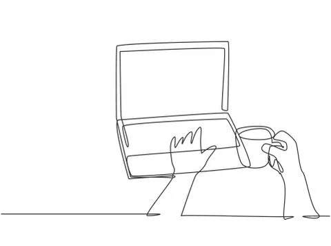 One continuous line drawing of young happy worker typing on laptop keyboard Illustrazione stock