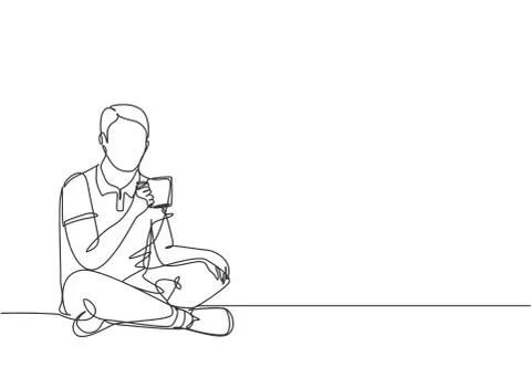 One continuous line drawing of young happy attractive worker sitting Illustrazione stock
