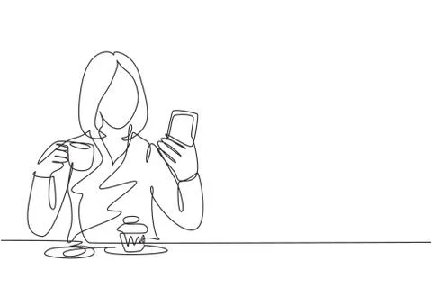 One continuous line drawing of young female college student take a selfie Stock Illustration
