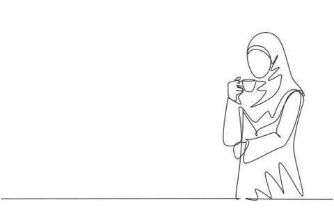 One continuous line drawing of young muslimah businesswoman thinking business Illustrazione stock