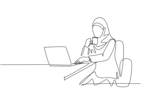 One continuous line drawing of young muslimah businesswomen reading business Stock Illustration