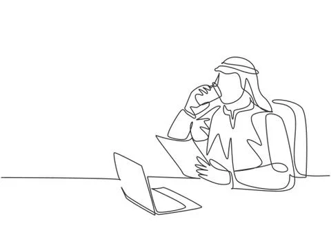 One continuous line drawing of young muslim businessman reading report Stock-Illustration