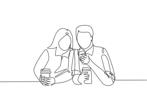 One continuous line drawing of young happy male and female couple lunch 스톡 일러스트