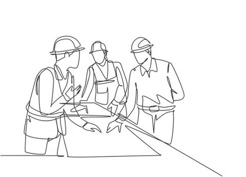 One continuous line drawing young architects discussing construction design Stock Illustration