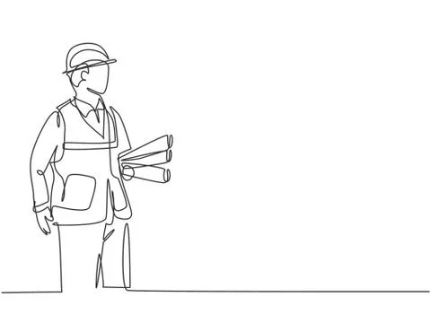 One continuous line drawing of young architect holding roll papers of draft Stock Illustration