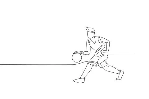 One continuous line drawing of young basketball player running and dribbling Stock Illustration
