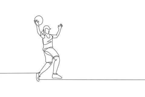 One continuous line drawing young basketball woman player catch the ball Stock Illustration