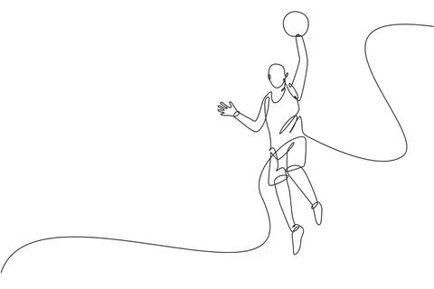 One continuous line drawing of young basketball player jumping to shot ball Stock Illustration