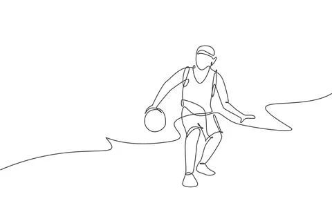 One continuous line drawing young basketball player training at court field Stock Illustration