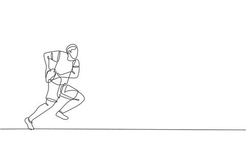 One continuous line drawing of young rugby player catch and defend the ball Stock Illustration
