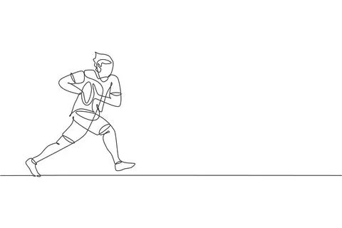 One continuous line drawing of young man rugby player training and exercising Illustrazione stock