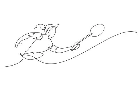 One continuous line drawing of young badminton player hit shuttlecock Stock Illustration