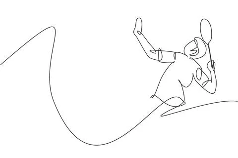 One continuous line drawing of young badminton player hit shuttlecock Stock Illustration