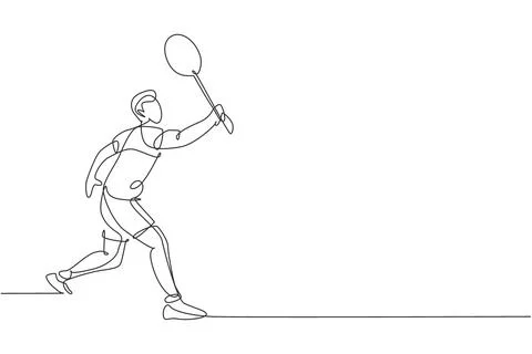One continuous line drawing of young badminton player hit shuttlecock Stock-Illustration