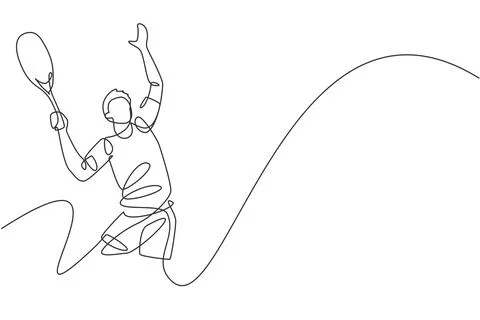 One continuous line drawing young happy male tennis player serving the ball Stock Illustration