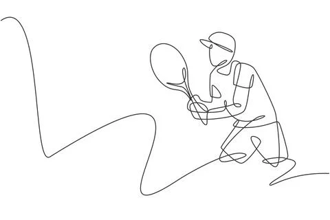 One continuous line drawing of young male tennis player concentrating Stock Illustration