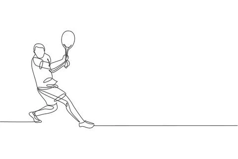 One continuous line drawing young happy tennis player defense and hit a ball Stock Illustration