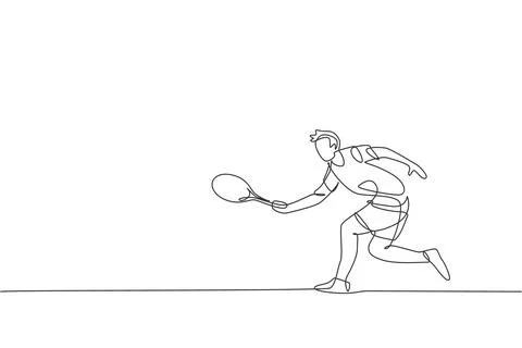 One continuous line drawing of young happy tennis player hold opponent smash Illustrazione stock