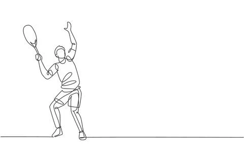 One continuous line drawing of young happy man tennis player prepare to serve Stock Illustration