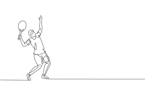 One continuous line drawing of young happy tennis player doing service Stock Illustration