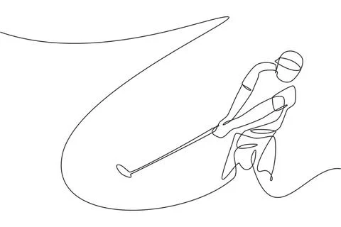 One continuous line drawing of young golf player swing golf club and hit ball イラスト素材