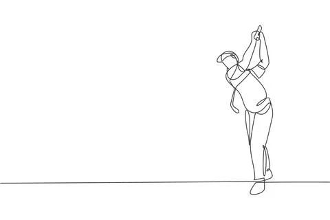 One continuous line drawing of young golf player swing golf club and hit ball Stock Illustration