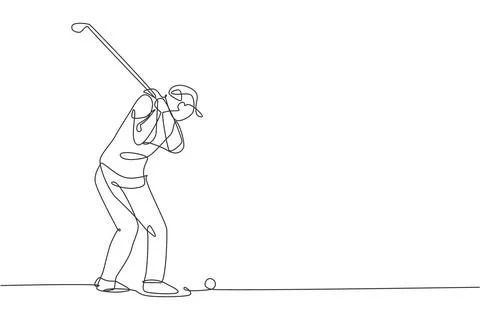 One continuous line drawing of young golf player swing golf club and hit ball Illustrazione stock