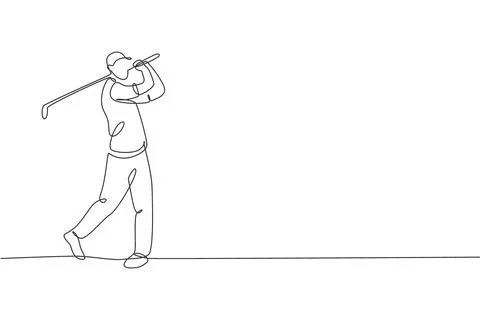 One continuous line drawing of young golf player swing golf club and hit ball Stock Illustration