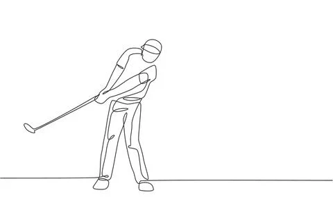 One continuous line drawing of young golf player swing golf club and hit ball Stock Illustration