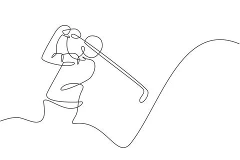 One continuous line drawing of young golf player swing golf club and hit ball Stock Illustration
