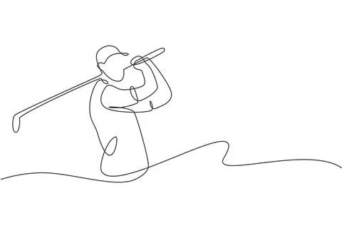 One continuous line drawing of young golf player swing golf club and hit ball Stock Illustration
