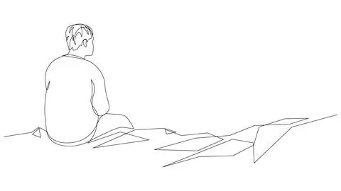 One continuous line drawing of young man sitting alone on the edge of a cliff Stock Illustration