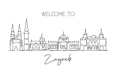 One continuous line drawing of Zagreb city skyline, Croatia Illustrazione stock