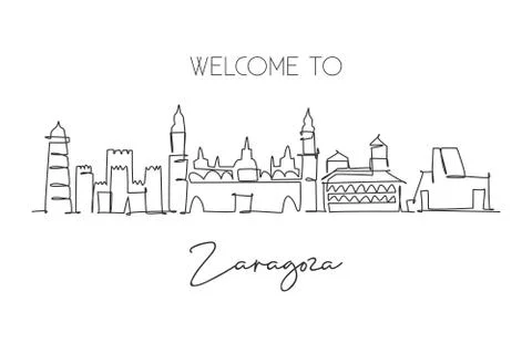 One continuous line drawing Zaragoza city skyline Spain. Beautiful skyscraper Stock Illustration