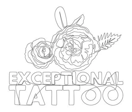 One continuous line of Exceptional Tattoo word with rose flowers. Thin Line.. Stock Illustration