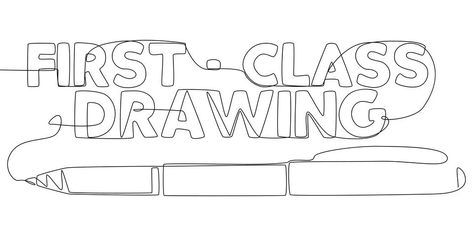 One continuous line of First-Class Drawing text written with a pencil, felt.. Stock Illustration