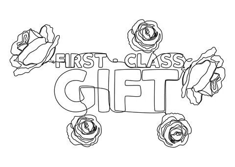 One continuous line of First-Class Gift word with rose flowers. Thin Line I.. Stock Illustration