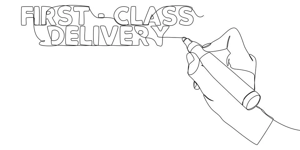 One continuous line of First-Class Delivery text written with a pencil, fel.. Stock Illustration