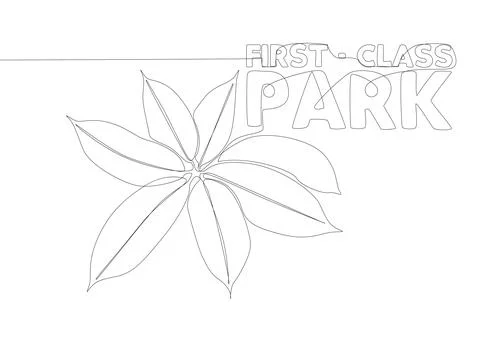 One continuous line of First-Class Park word with plants leaf. Thin Line Il.. Stock Illustration