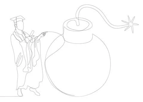 One continuous line of Graduati man and bomb. Thin Line Illustration vector.. Illustrazione stock